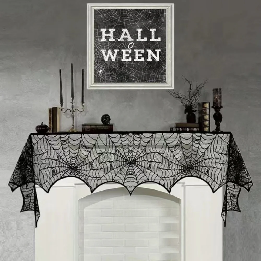 Halloween Mantle Decor Fireplace Cover Spiderweb Trick Or Treat Scary Spooky